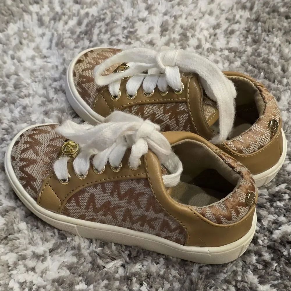 Michael Kors Girls Tan Monogram Logo Sneakers - Size 6